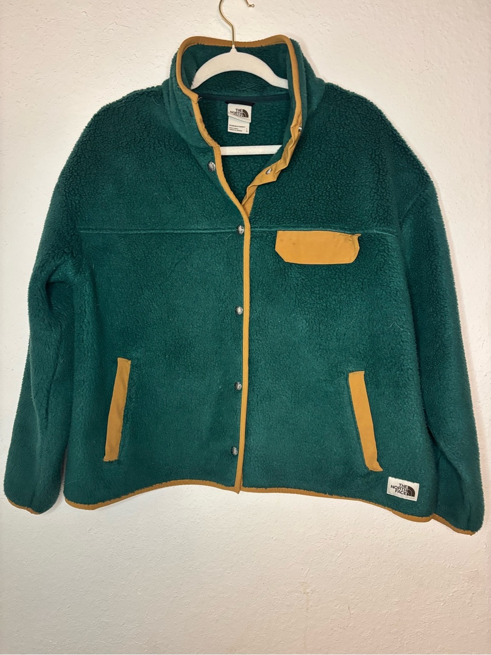 The North Face Teal Fleece Jacket with Tan Trim, Size L